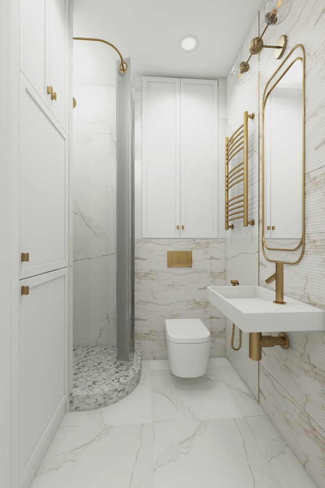 Проект квартиры в ЖК Донской Олимп ванной комнаты в современной классике в белом мраморе